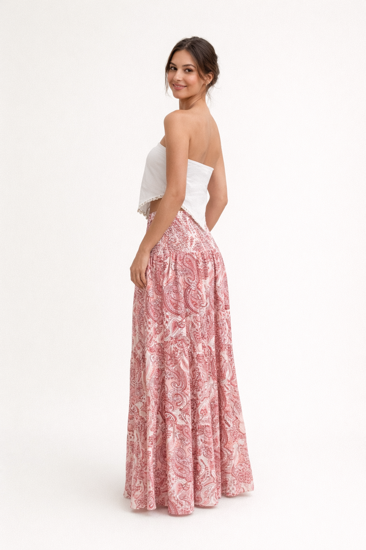 Rosa bedrukte lange zomerrok voor dames met elastische tailleband, comfortabel en casual in boho stijl.