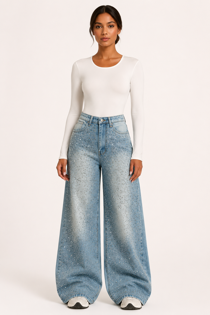 Trendy damesjeans met wijde pijpen en strass, vanuit zijaanzicht. Accentueert de moderne pasvorm en glamour details.