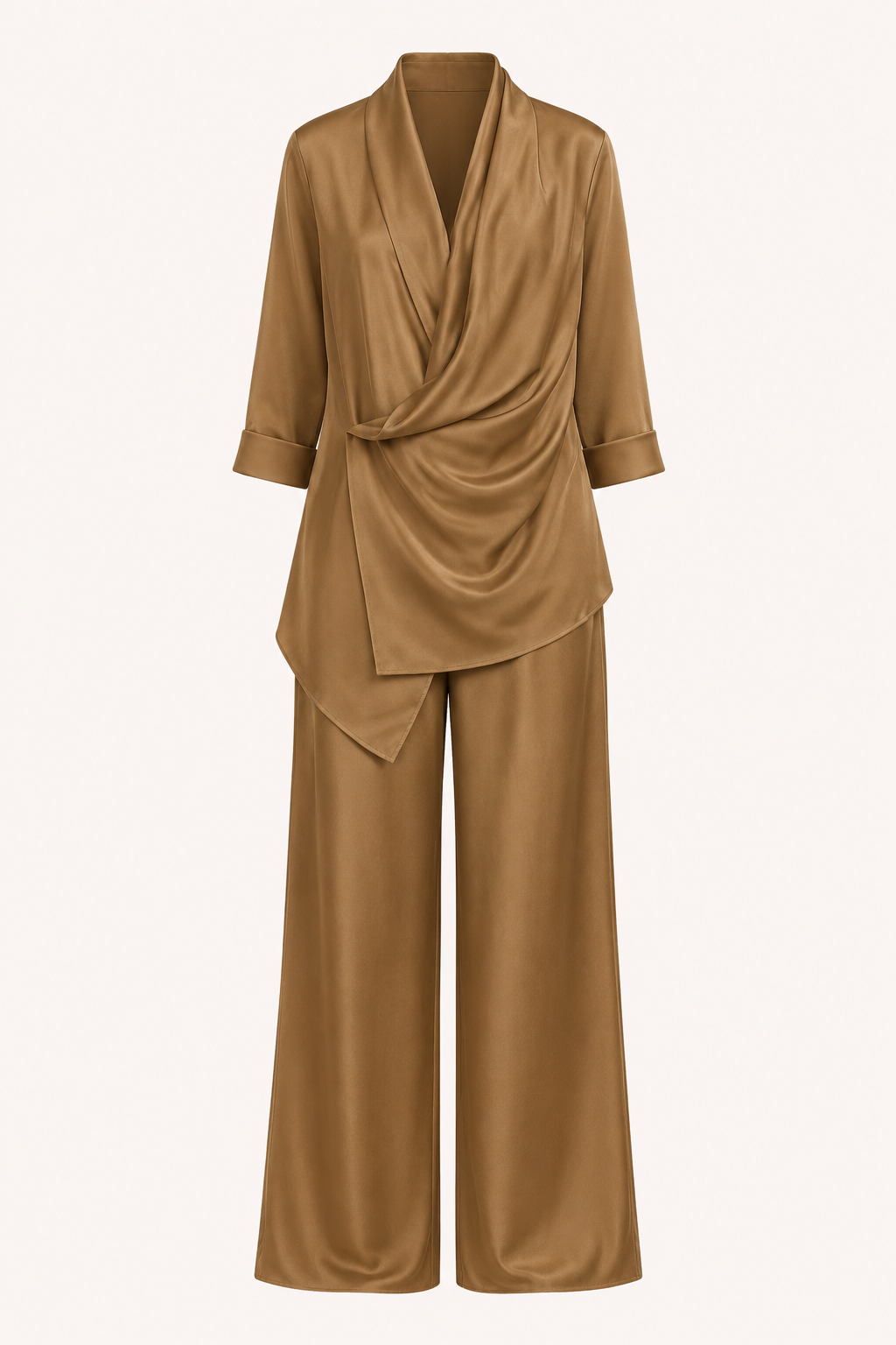 Veelzijdig koffiekleurig tweedelig damespak: een stijlvolle blouse en wijde broek, geschikt voor zakelijk en casual.