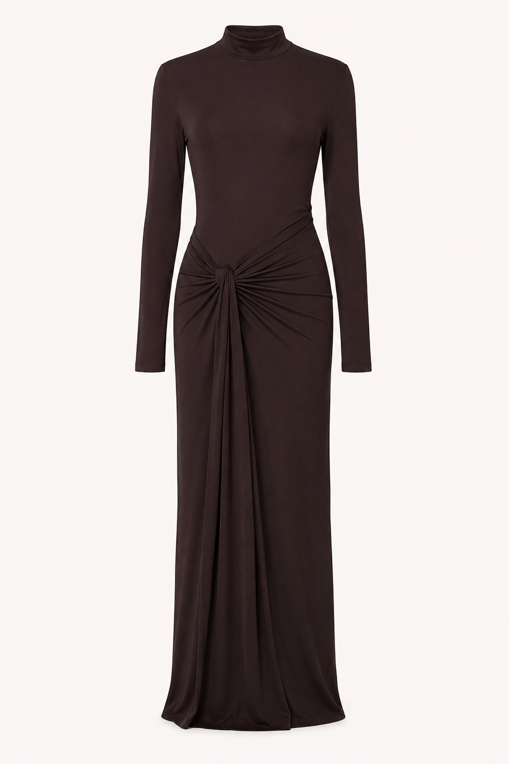 Stijlvolle bruine dames maxi jurk met vloeiende drapering en chique hoge kraag, perfect voor gala.