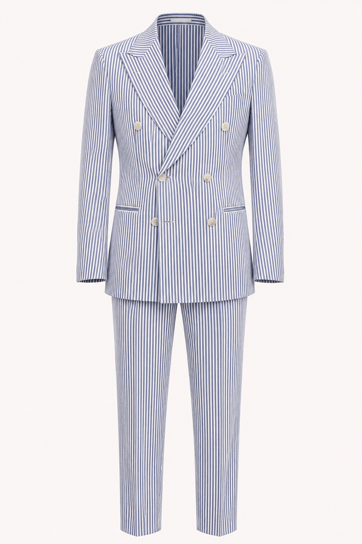 Man draagt blauw gestreept herenpak: dubbelrijig colbert & broek. Stijlvolle keuze voor formele of casual zomer.