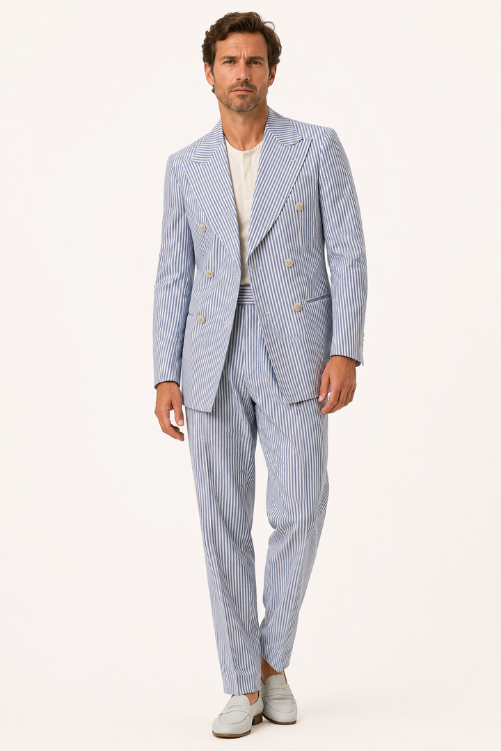 Blauw gestreept herenpak met dubbelrijig colbert, perfect voor een moderne formele of casual zomerlook.