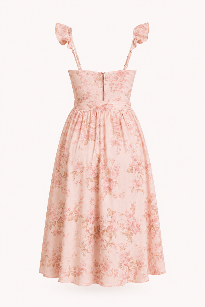 Vrouwelijke midi-jurk in roze met delicate bloemenprint en een subtiele zijsplit, een must-have voor de modebewuste vrouw.
