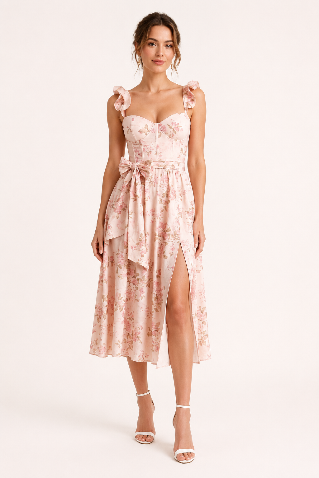 Dames midi-jurk met levendige bloemenprint en elegante zijsplit in zacht roze, perfect voor zomerse dagen.