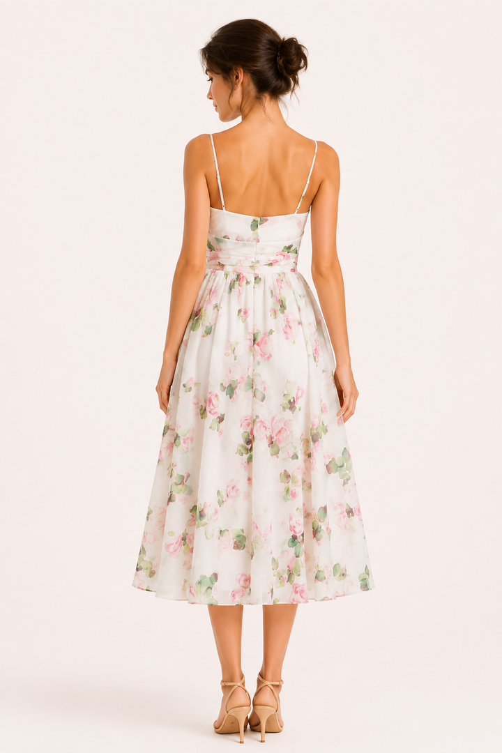 Romantische dames midi-jurk met gebloemd patroon, dunne bandjes en hoge taille in wit, rosa en paars.