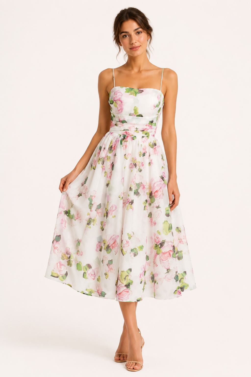 Elegante gebloemde midi-jurk voor dames met dunne bandjes, perfect voor zomerse casual of feestelijke looks.