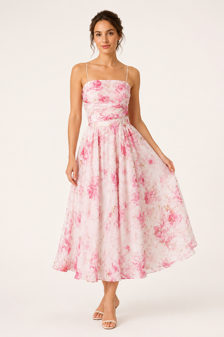 Feestelijke gebloemde midi-bandjesjurk voor dames, met dunne verstelbare bandjes en bloemenprint.