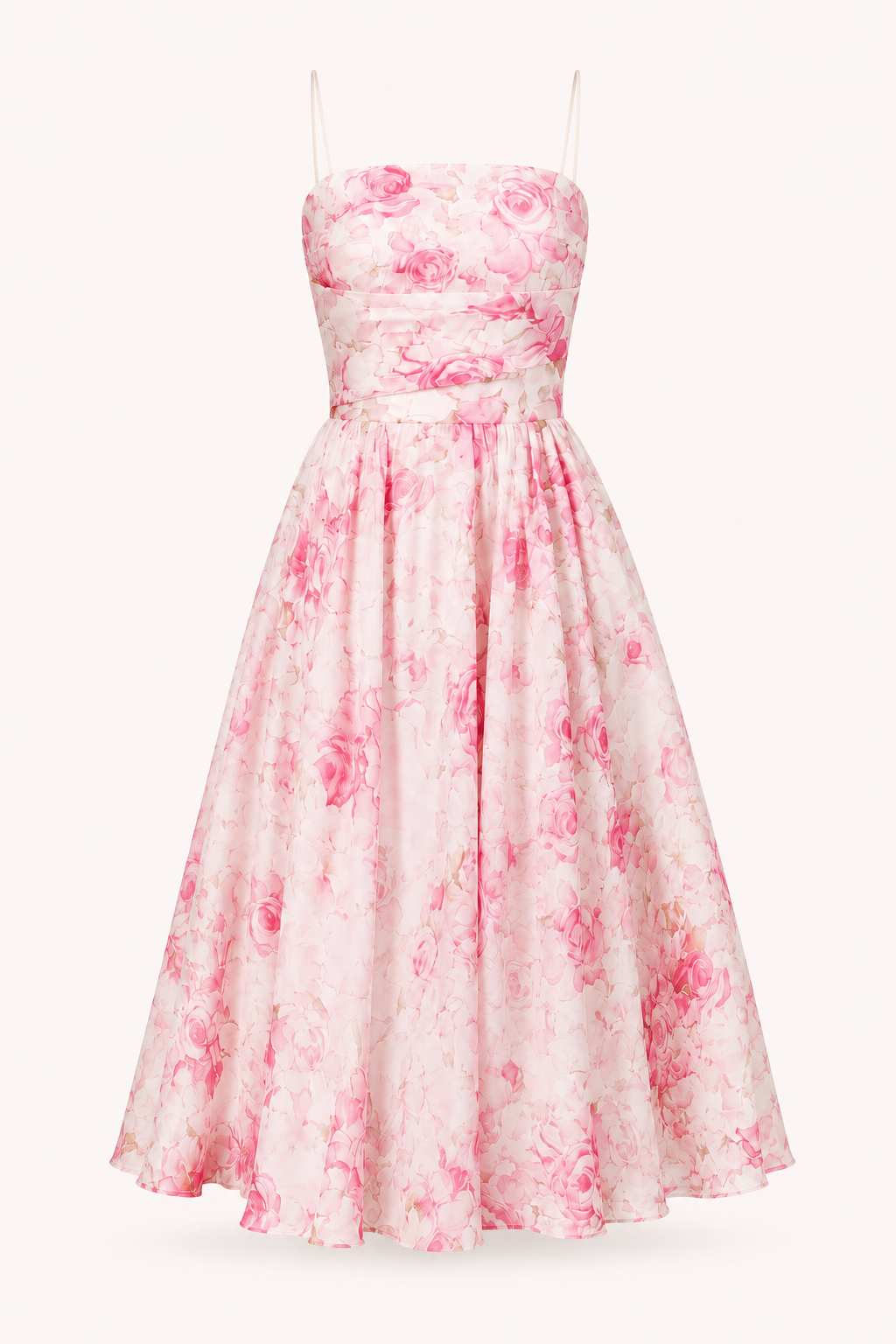 Witte, rosa en paars gebloemde midi-jurk met dunne bandjes; een veelzijdige en elegante dames zomerjurk.