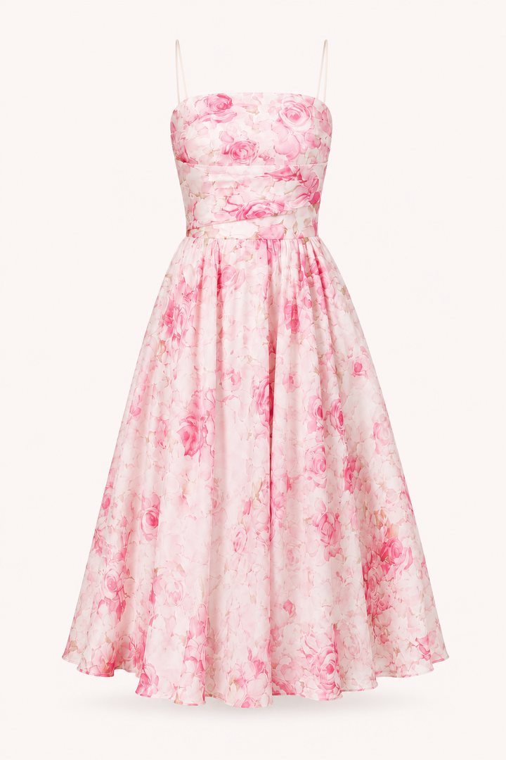 Witte, rosa en paars gebloemde midi-jurk met dunne bandjes; een veelzijdige en elegante dames zomerjurk.
