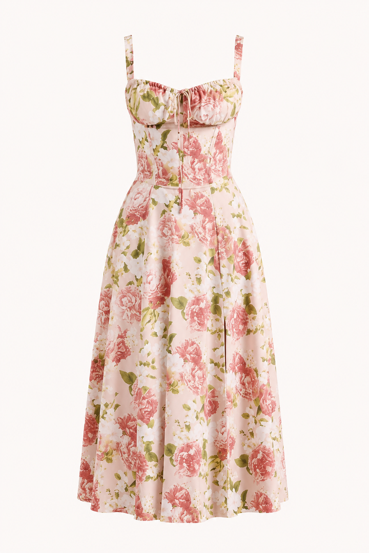 Vloeiende gebloemde midi-jurk Rosa met brede banden voor dames; een chique zomerjurk of casual outfit.
