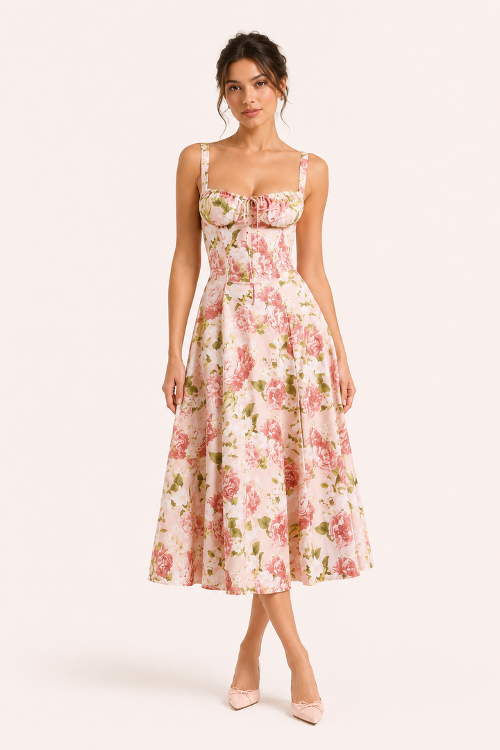 Rosa gebloemde midi-jurk voor dames met brede banden en elegante vloeiende rok, perfect voor zomer of feest.