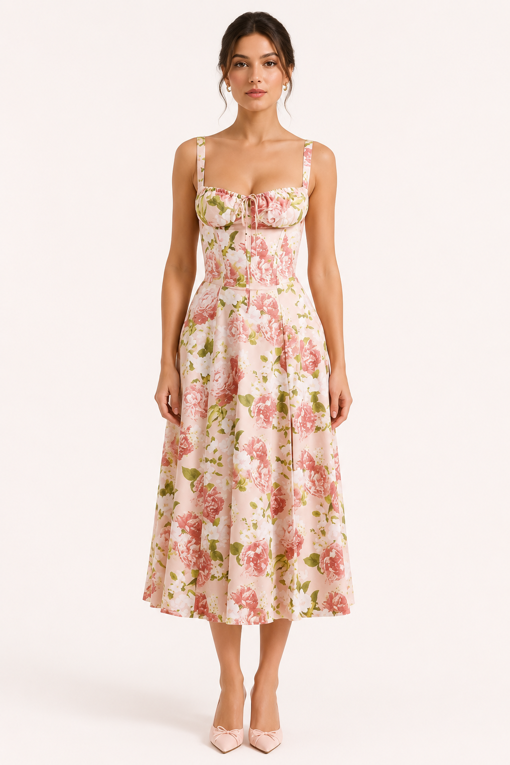 Gebloemde midi-jurk Rosa voor dames, met brede comfortabele banden en een zwierige flared rok, perfect voor elke gelegenheid.