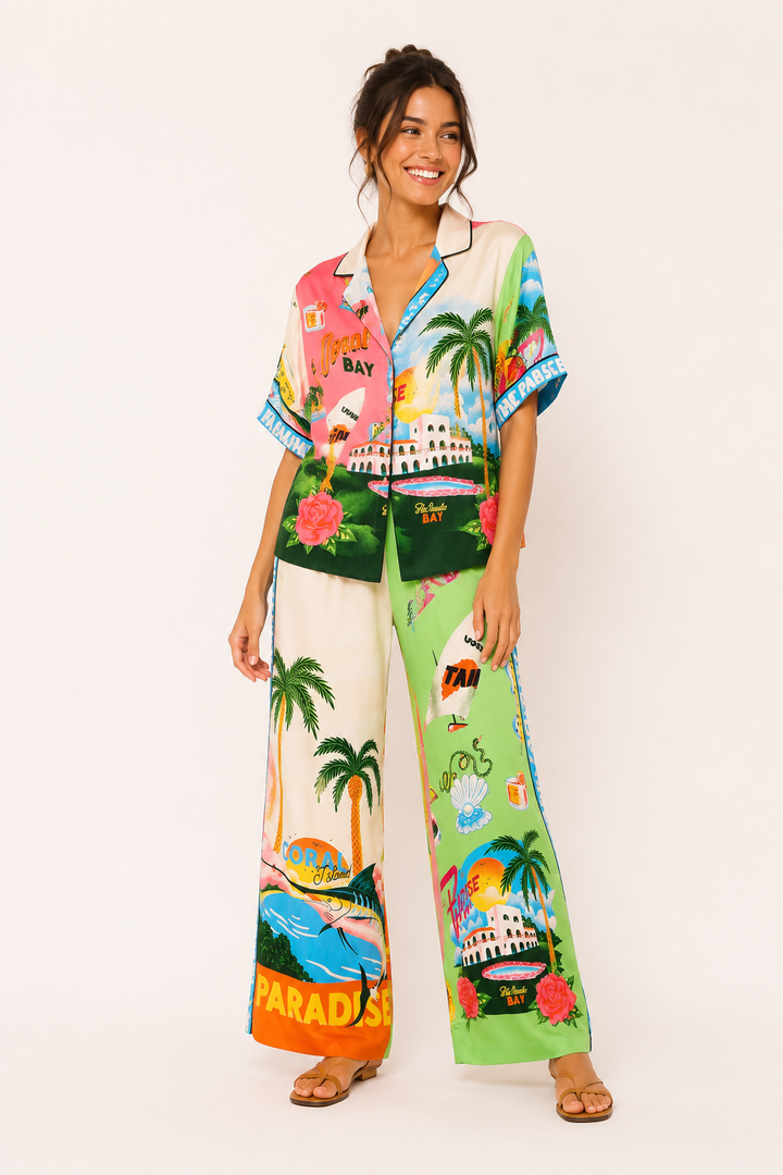 Groen-beige dames zomerset met wijde broek en tropische print, comfortabel voor vakantie of strand.
