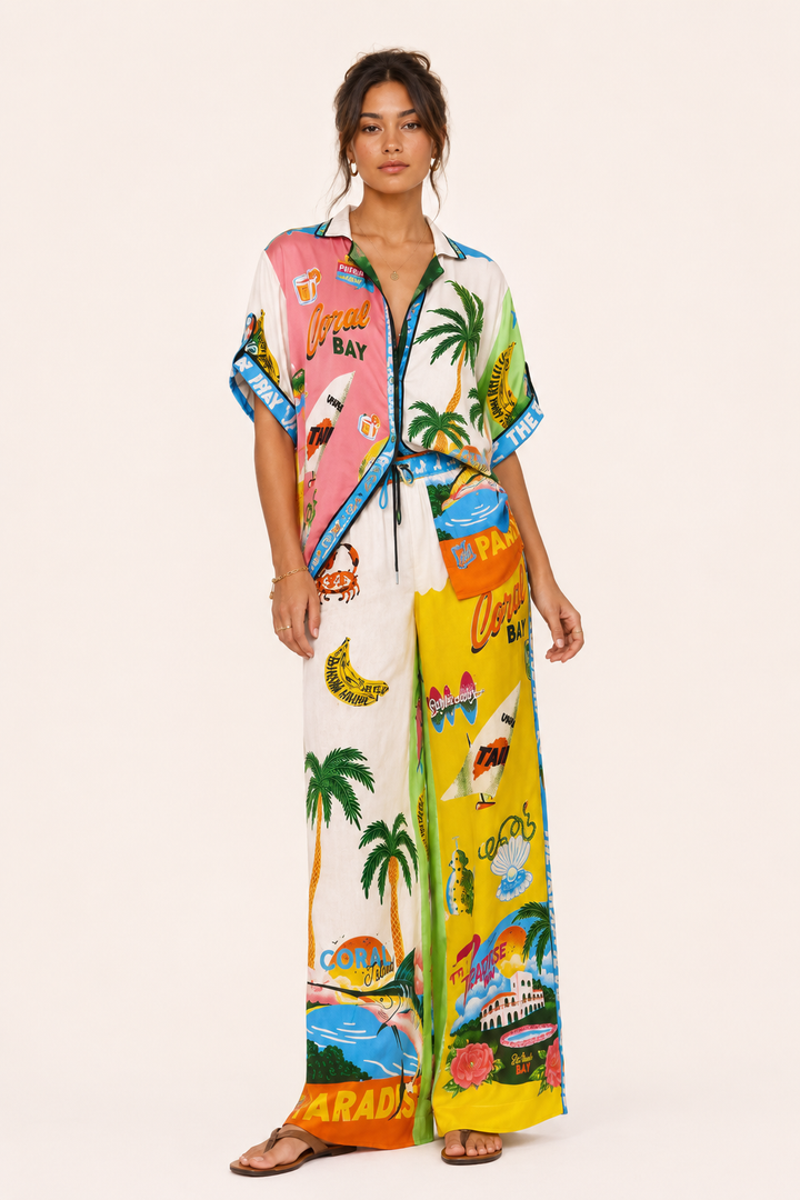 Luchtige dames broekenset met levendige tropische print in groen en beige. Ideaal voor zomerse dagen.
