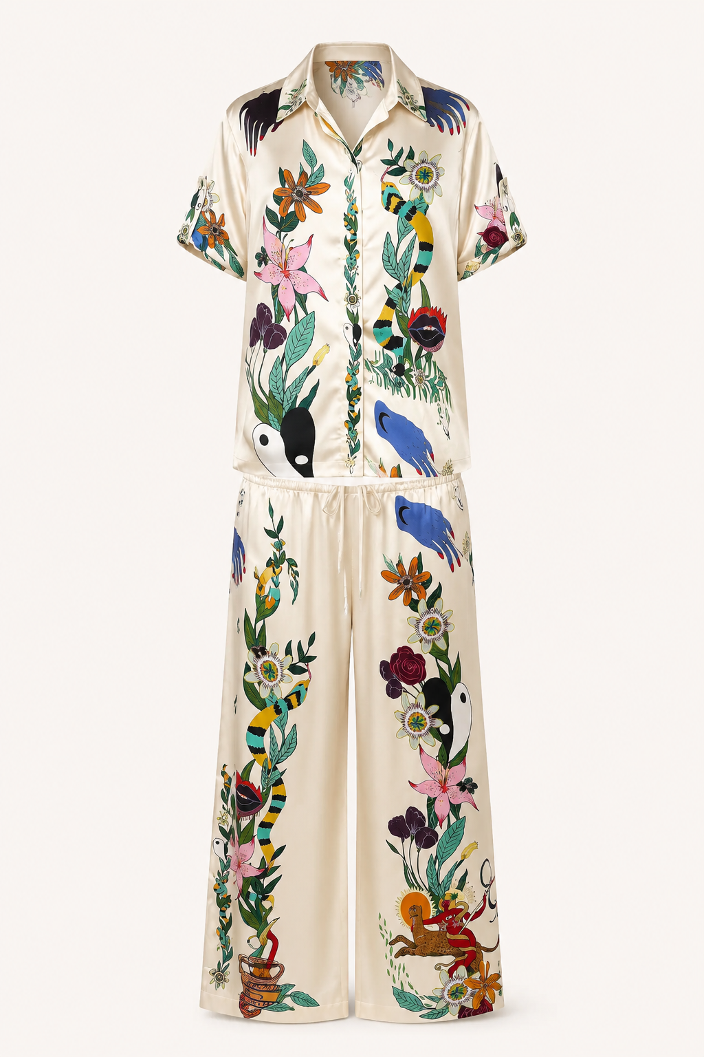 Comfortabele dames zomerset met tropische print in beige en groen, ideaal voor casual vakantie of thuis.