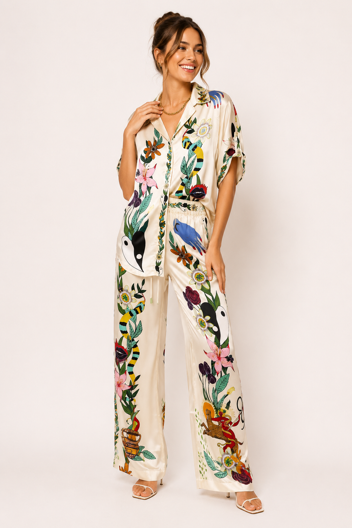 Groen-beige tweedelige dames zomerset: losse top en wijde broek met tropische bladeren. Casual strandkleding.