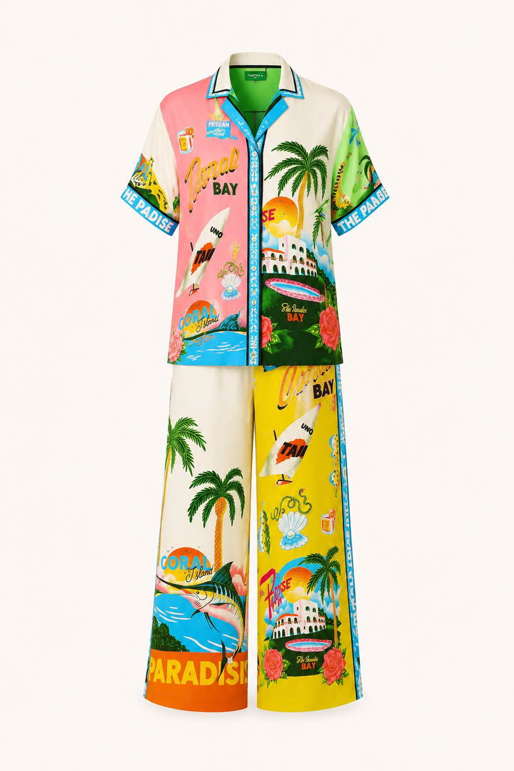 Stijlvolle dames vakantieset met wijde broek en tropische bladeren print. Comfortabele zomerkleding.