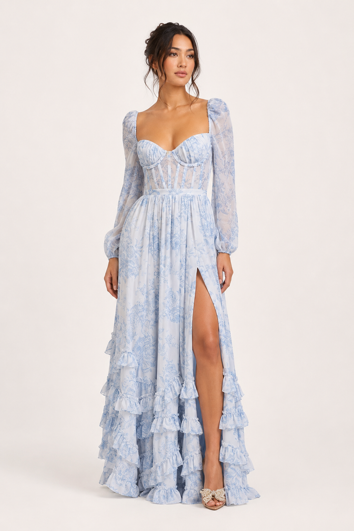 Dames bloemen maxi jurk, roze met lange mouwen, getailleerd en romantisch, vierkante halslijn.
