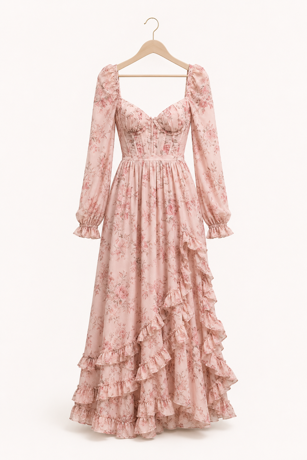 Maxi bloemenjurk in roze voor dames, met lange mouwen, ideaal als elegante avondjurk.