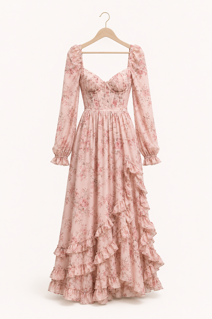 Maxi bloemenjurk in roze voor dames, met lange mouwen, ideaal als elegante avondjurk.
