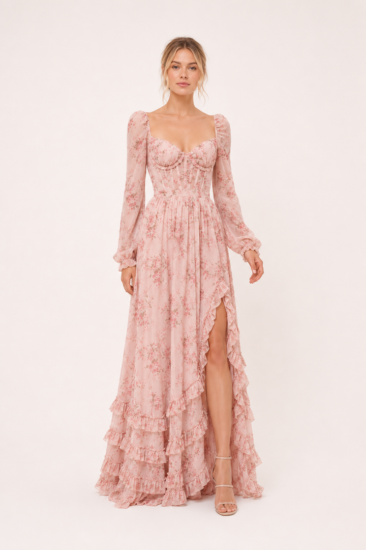 Lange bloemenjurk voor dames met elegante pasvorm, lange mouwen en trendy vierkante hals.