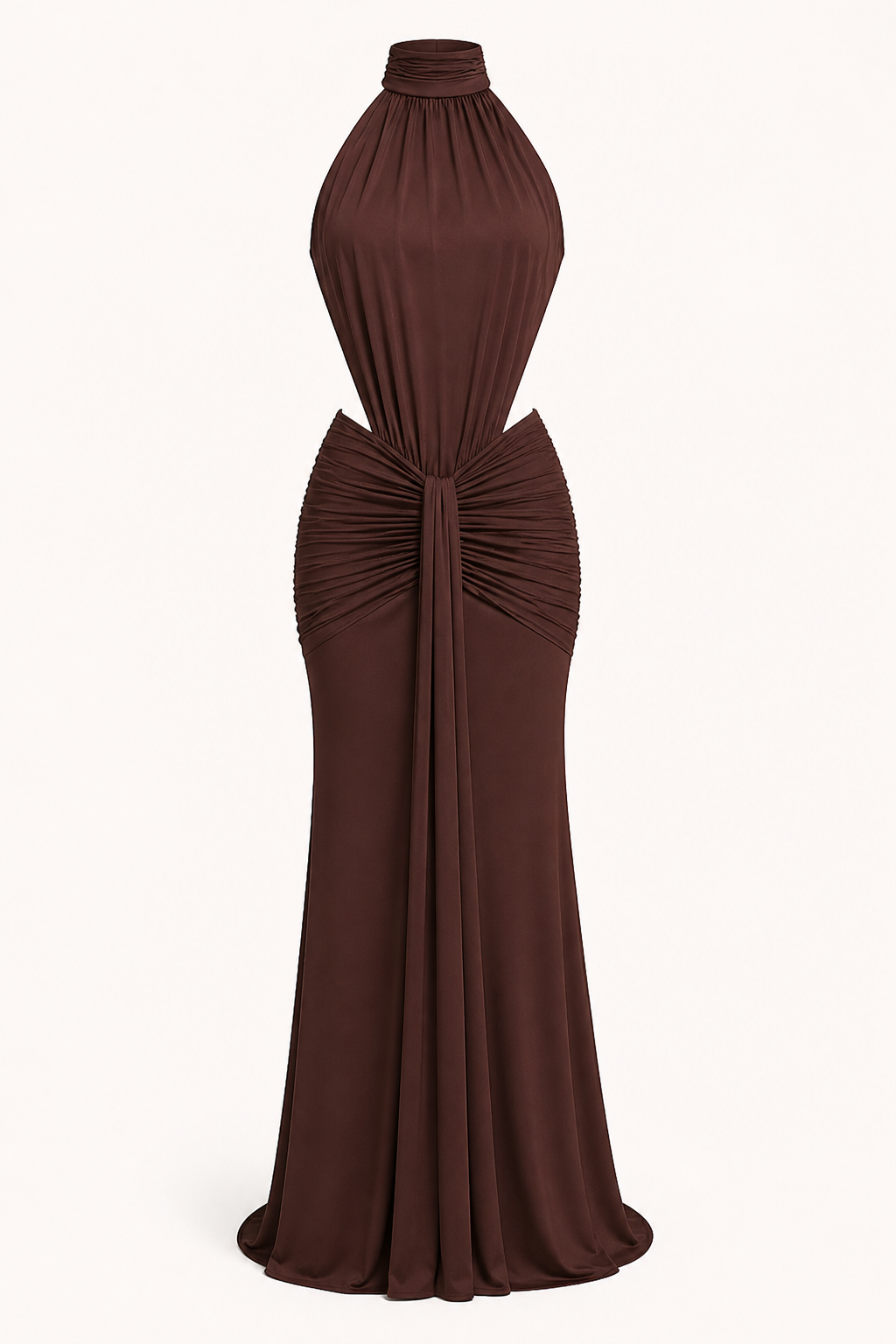 Detail van de elegante halternek op een lange dames jurk, perfect voor gala's of feesten.
