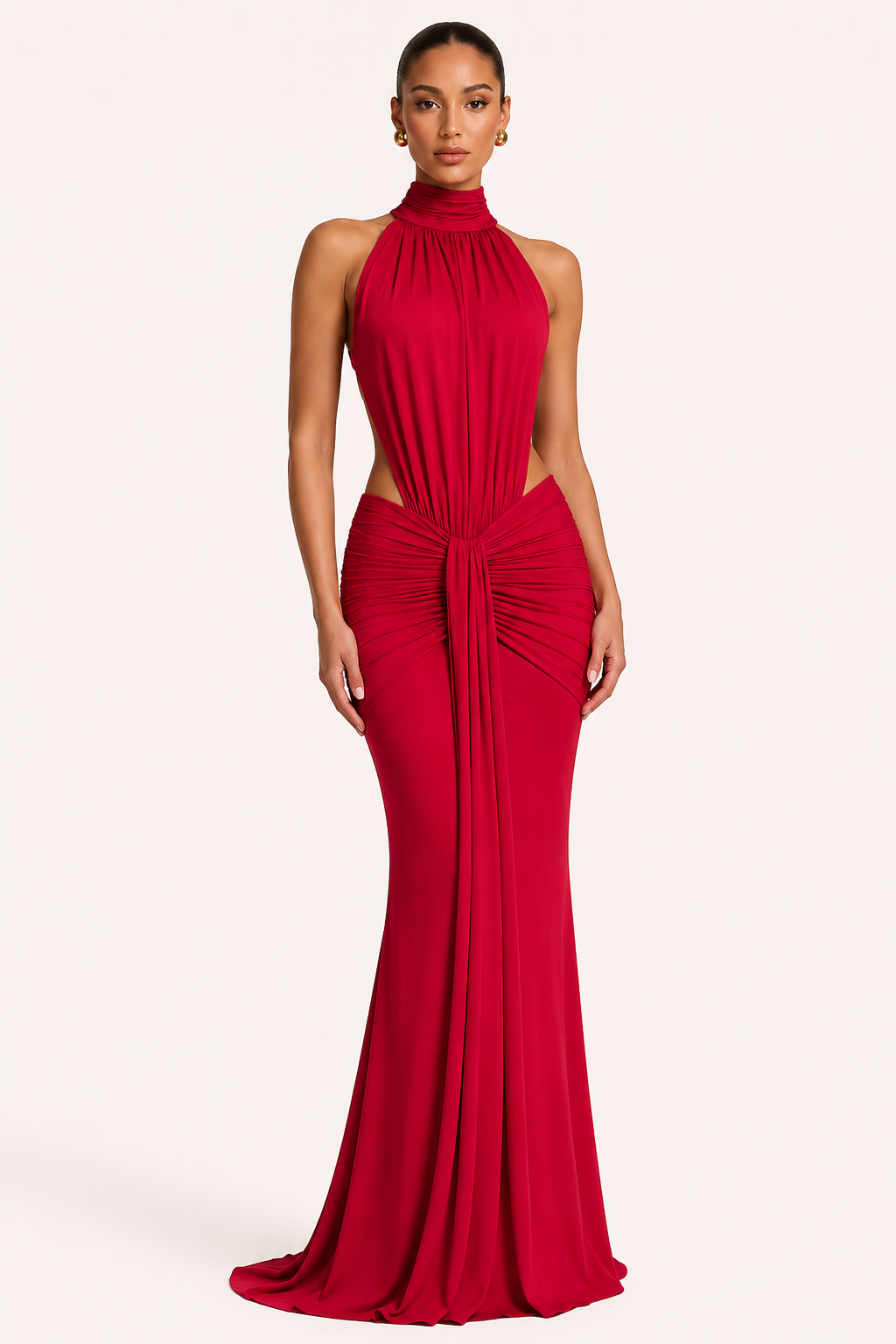 Stijlvolle rode dames galajurk met halternek, lange elegante avondjurk voor speciale gelegenheden.