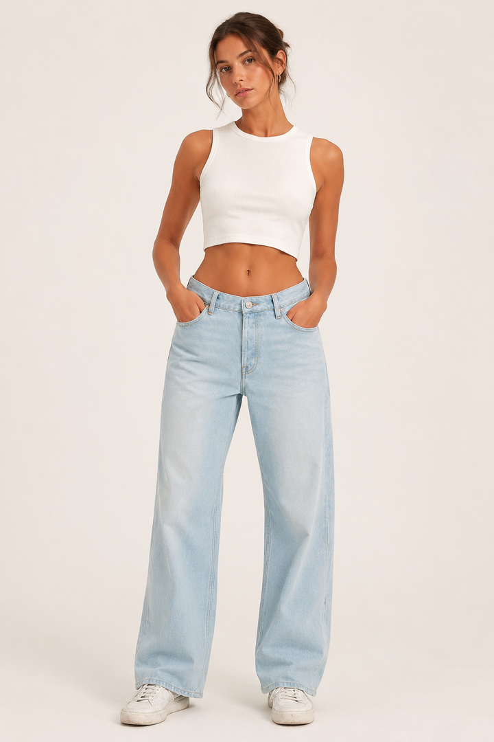Casual blauwe dames baggy jeans, hoge taille en wijde pijpen. Een comfortabele losse pasvorm voor trendy vrouwenmode.