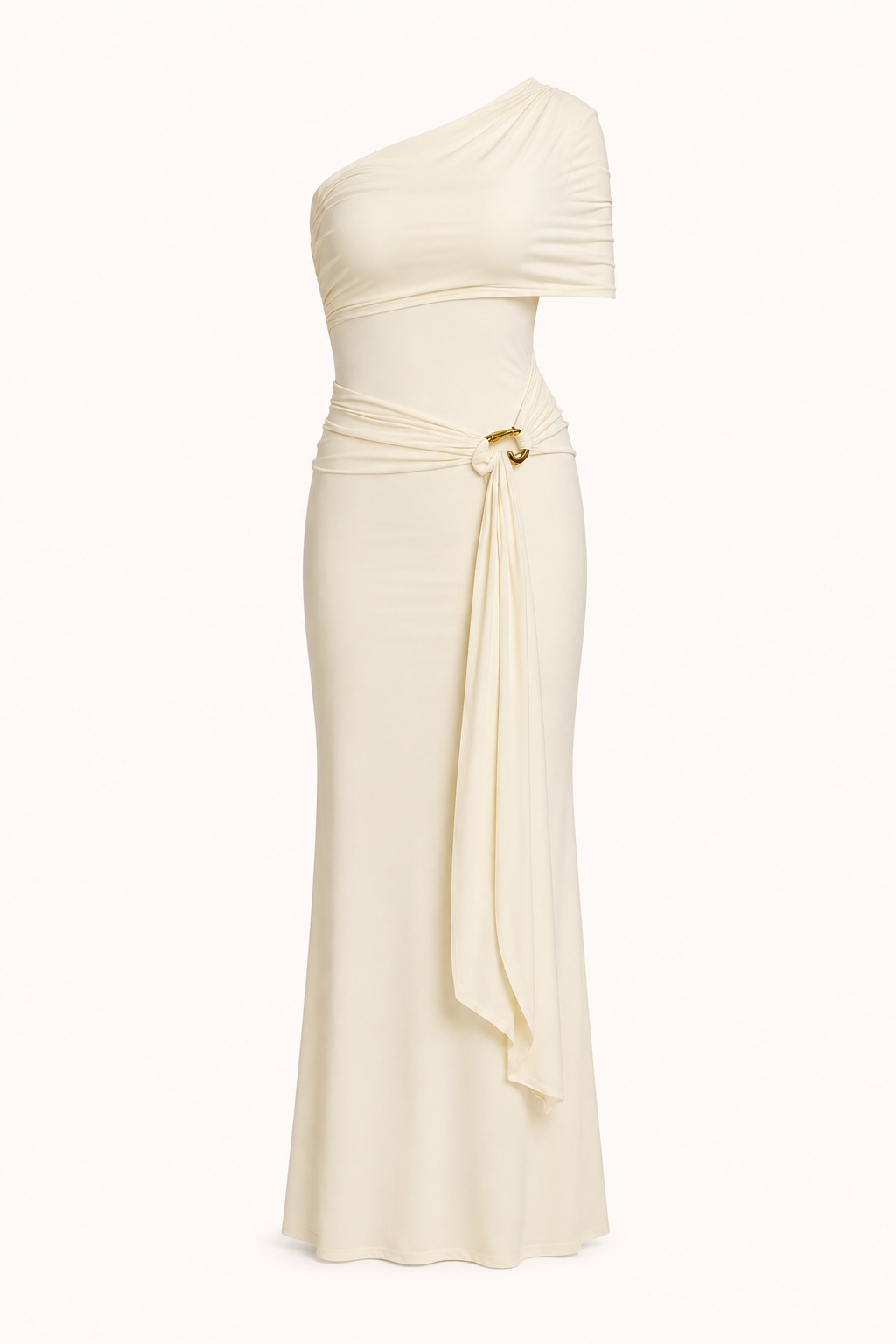 Witte gedrapeerde dames galajurk met lange, vloeiende pasvorm en elegant één-schouder design voor avonden.