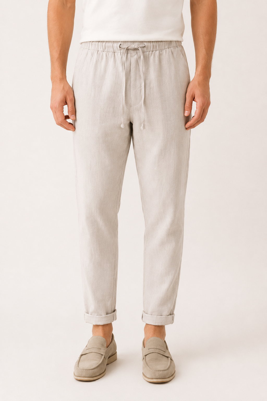 Witte casual heren zomerbroek met rechte pijp en verstelbare taille, ideaal voor zomerse weekenduitjes.