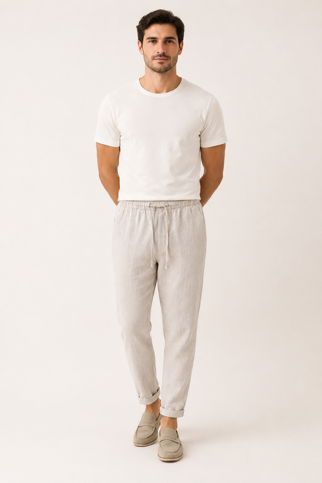 Lichte heren zomerbroek met rechte pijp en verstelbare tailleband, comfortabel en casual voor warme dagen.