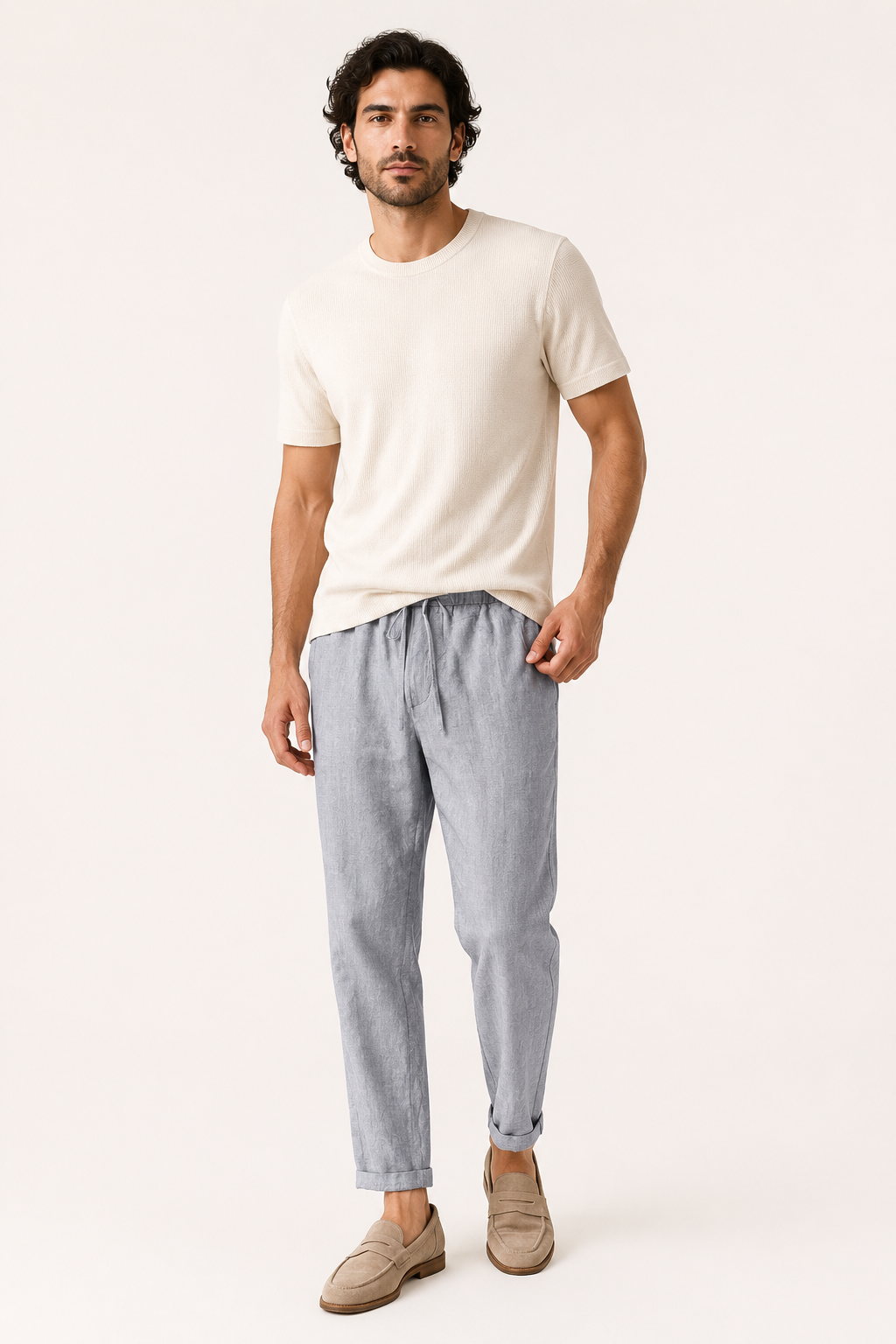 Grijze heren zomerbroek met rechte pijp en verstelbare tailleband; comfortabel voor dagelijks casual gebruik.