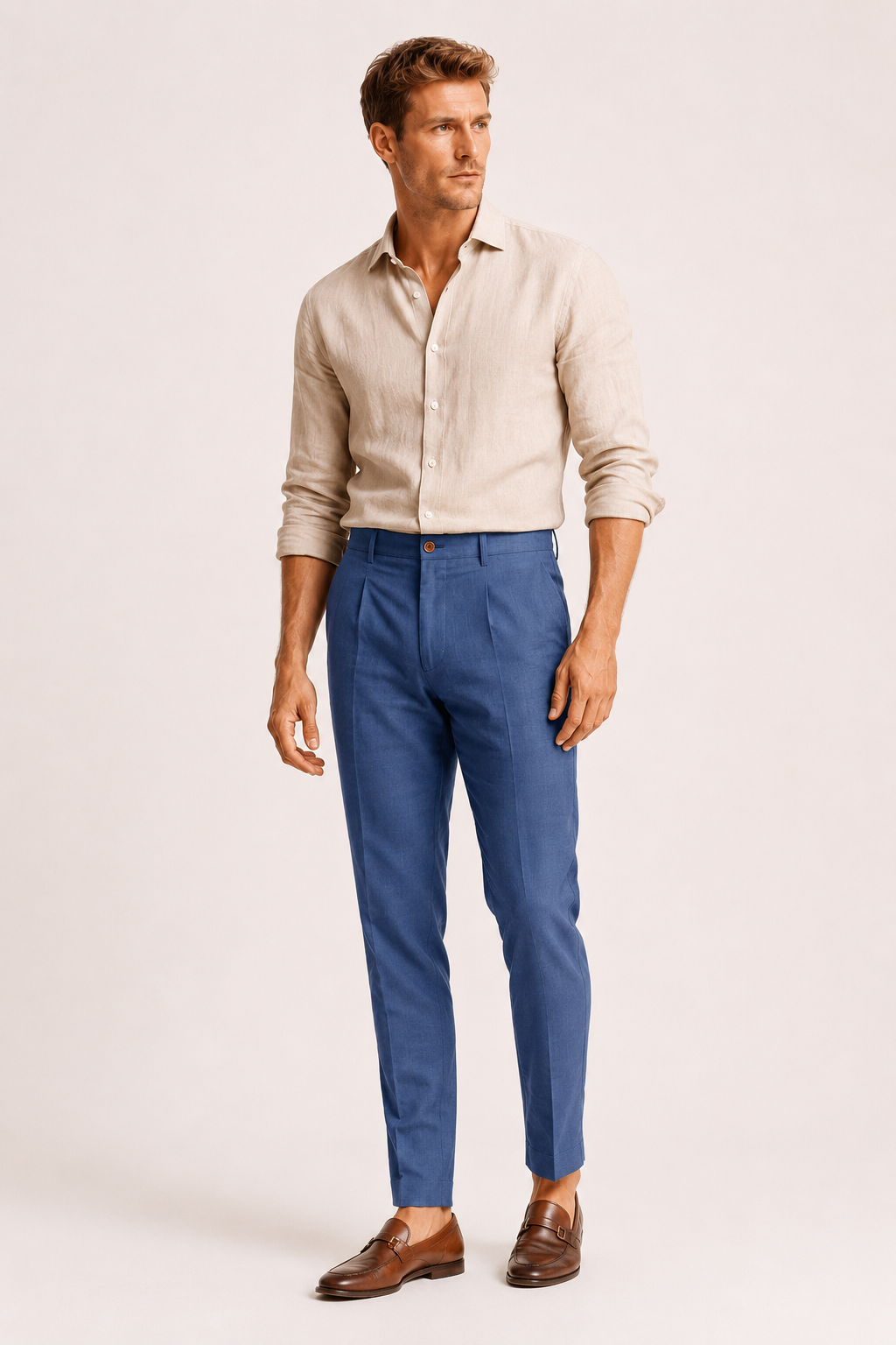 Heren plooibroek, rechte pasvorm, enkellengte met riemlussen. Ideaal voor een stijlvolle, comfortabele outfit.