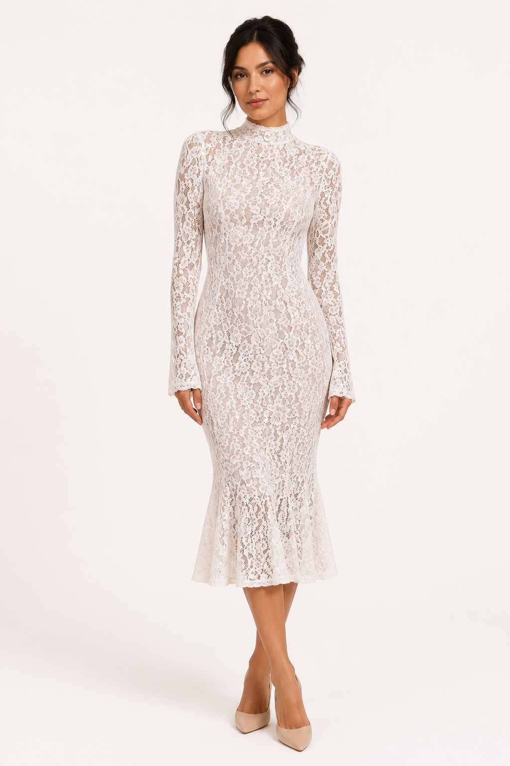 Elegante dames midijurk met verfijnd bloemenpatroon en chique hoge hals, ideaal voor formele gelegenheden.