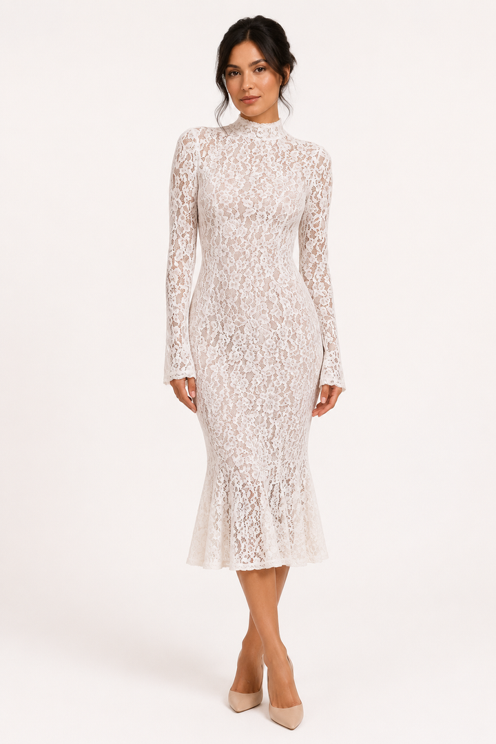 Elegante dames midijurk met verfijnd bloemenpatroon en chique hoge hals, ideaal voor formele gelegenheden.
