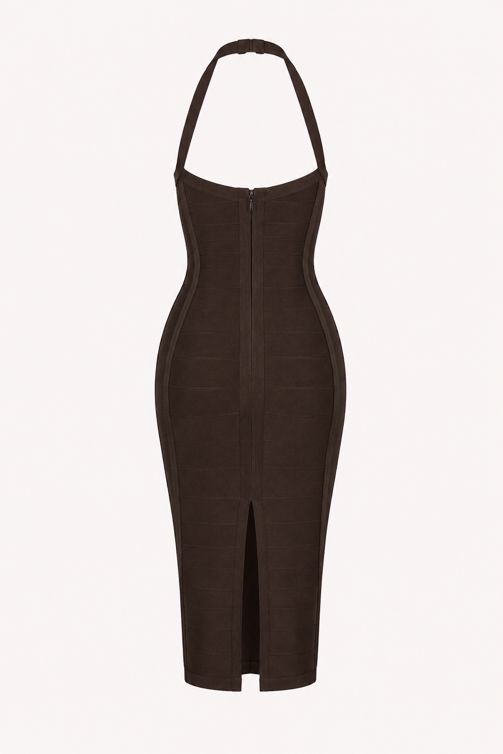 Trendy bruine halterjurk voor dames. Deze elegante bandage midi jurk is ideaal voor een speciale avond of gala.