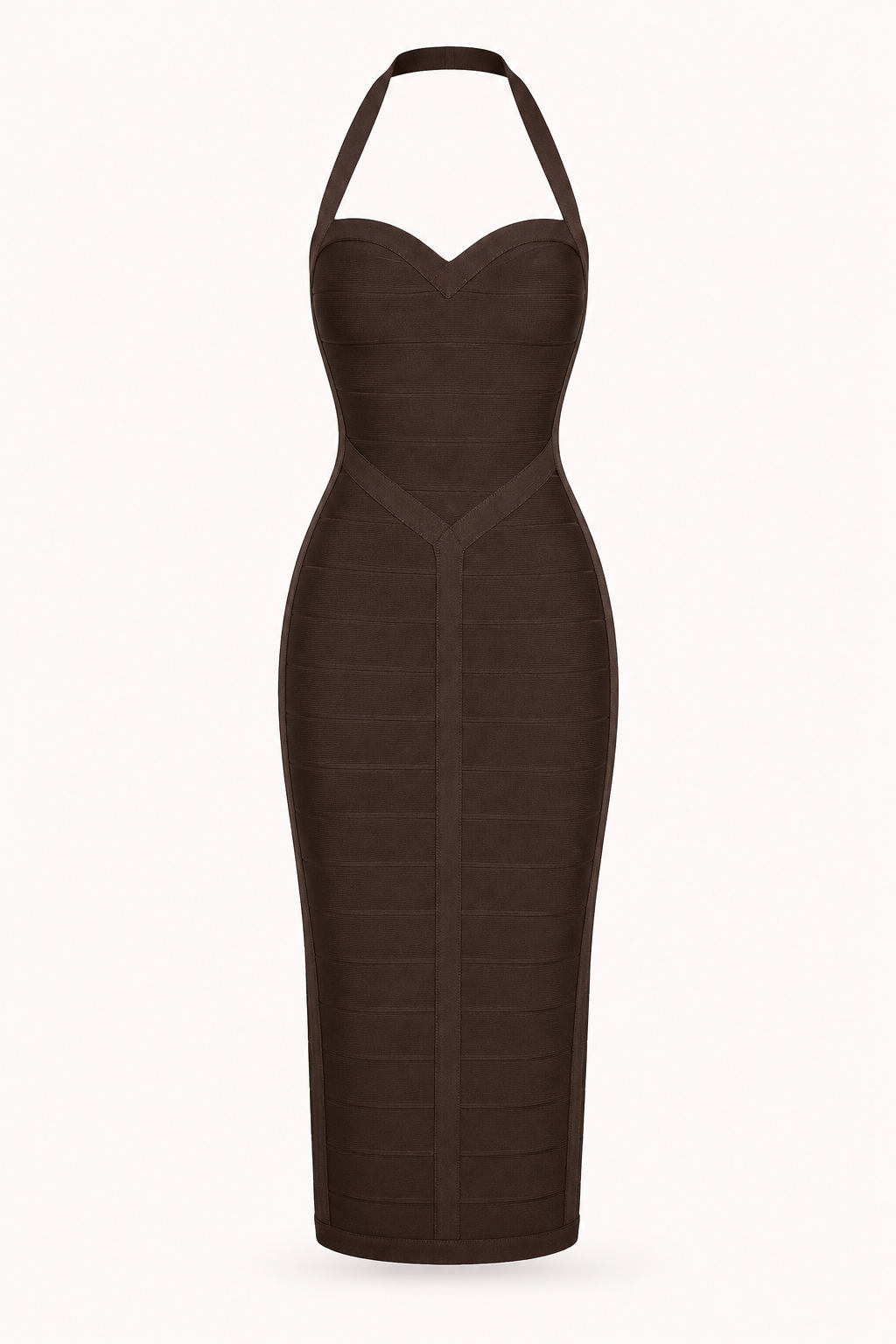 Chique bruine damesjurk: elegante halter bandage midi jurk. Ideaal voor feesten, avonden en speciale gelegenheden.