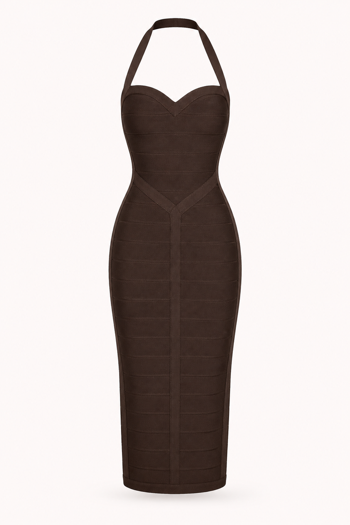Chique bruine damesjurk: elegante halter bandage midi jurk. Ideaal voor feesten, avonden en speciale gelegenheden.