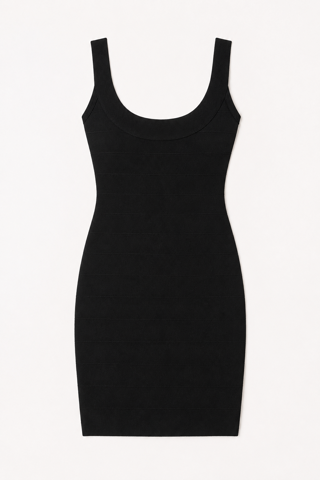 Zwarte korte bandagejurk voor dames, met open hals, perfect als elegante feestjurk of zomerse avondjurk.