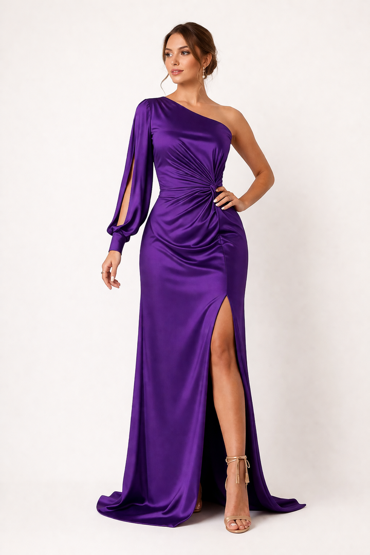 Dames lange avondjurk met one-shoulder design. Een elegante en comfortabele keuze voor elke speciale gelegenheid.