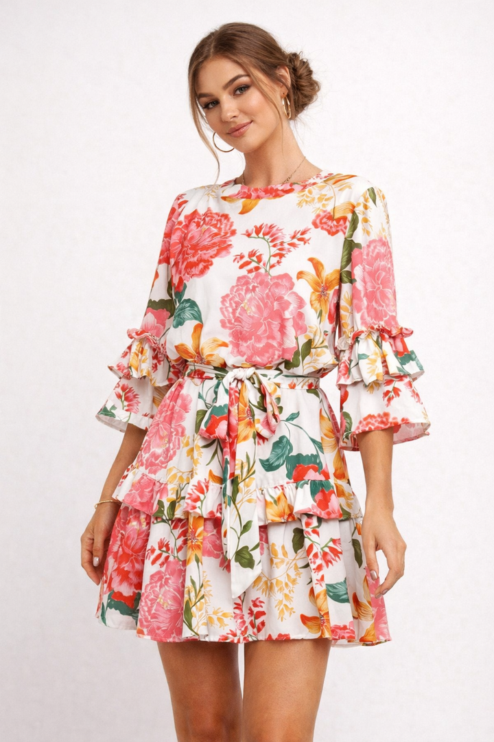 Elegante bloemenjurk voor dames met ruches en een strik, perfect voor zomerse dagen. Vrouwelijke casual korte jurk.