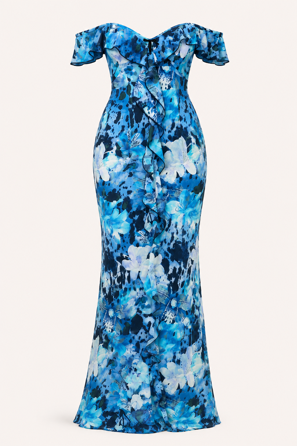 Zomerse damesjurk met kleurrijke bloemprint en flatterende blote schouders. Trendy en comfortabel.