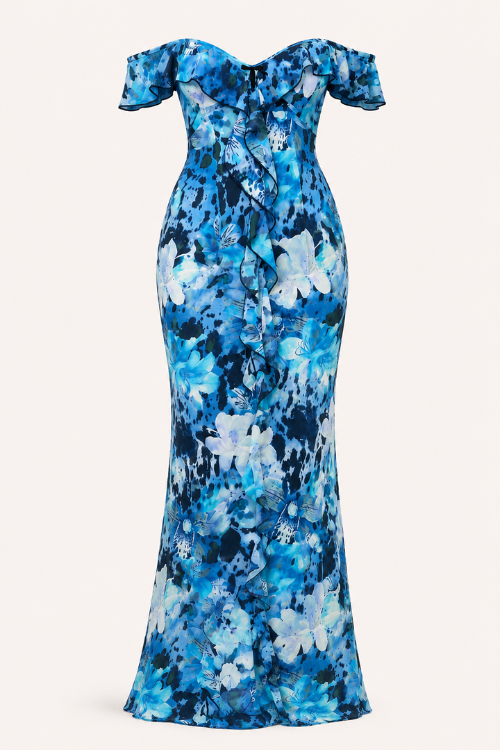 Zomerse damesjurk met kleurrijke bloemprint en flatterende blote schouders. Trendy en comfortabel.