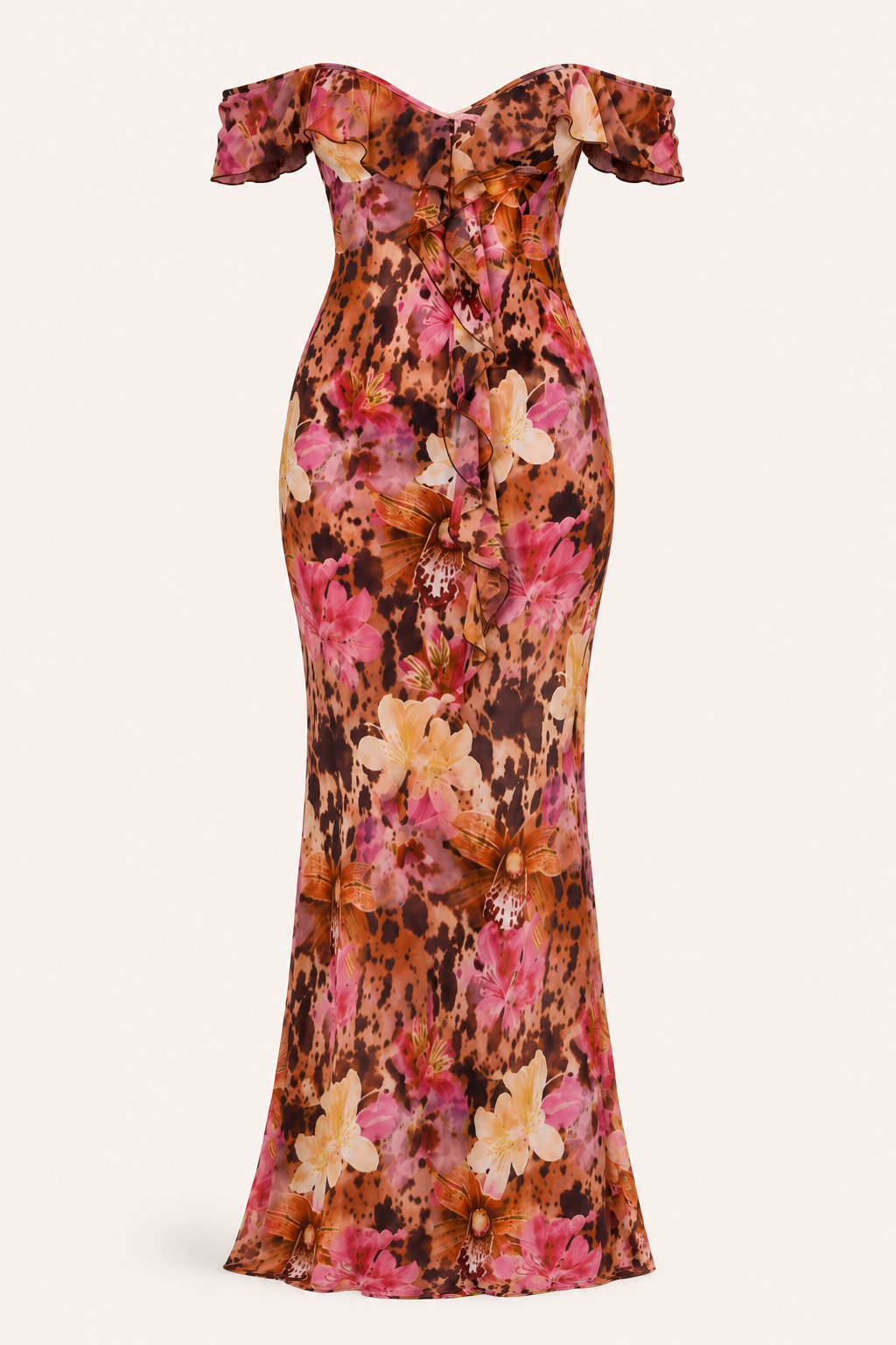 Dames maxi jurk: chique bardot design, verfijnde bloemprint. Perfect als feestjurk of avondjurk.