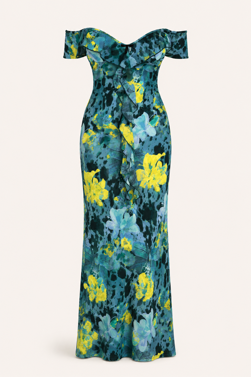 Moderne dames maxi jurk met blote schouders, vrolijke bloemprint. Perfecte elegante feestjurk.