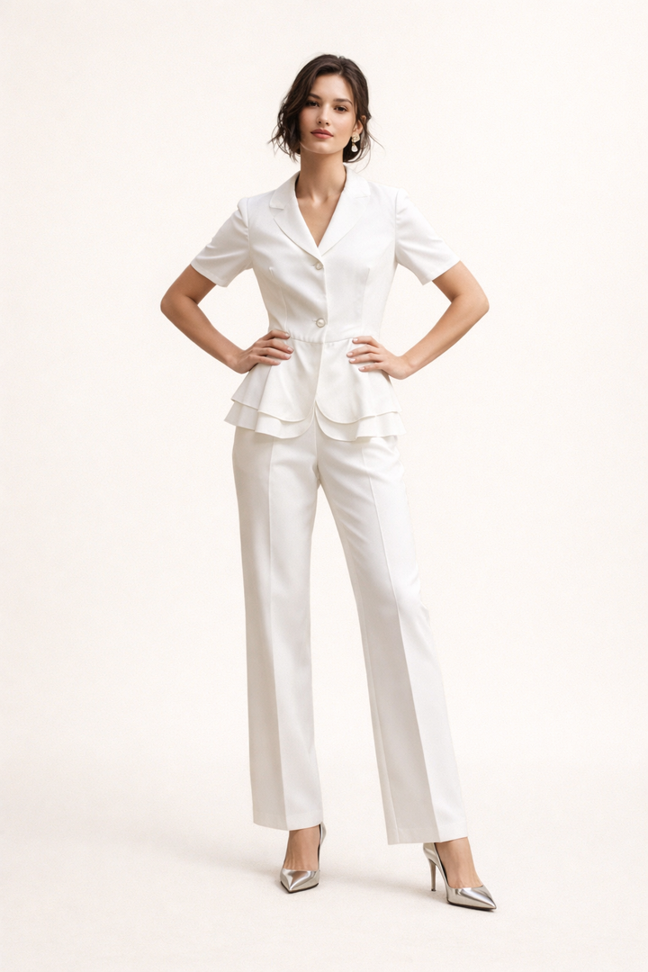 Witte dames elegante blazer & pantalon set met korte mouwen, ideaal voor zakelijke of casual chique zomer outfits.