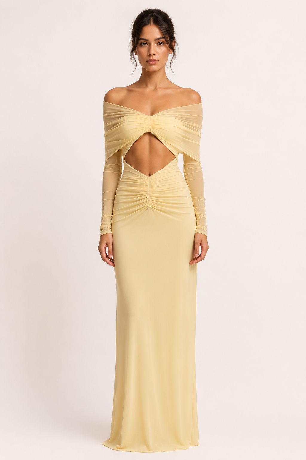 Elegante gele lange damesjurk met blote schouders en hoge split, perfect voor gala of speciale gelegenheden.
