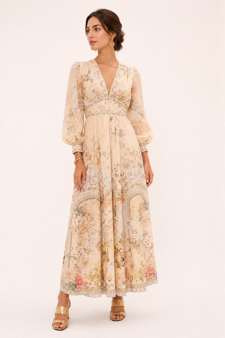 Modieuze dames midi-jurk met V-hals, pofmouwen en hoge taille, elegant en trendy.