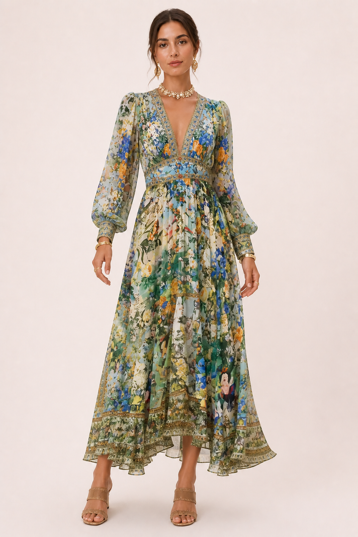 Zomerse dames midi-jurk met diepe V-hals en volumineuze pofmouwen, casual-chic stijl.