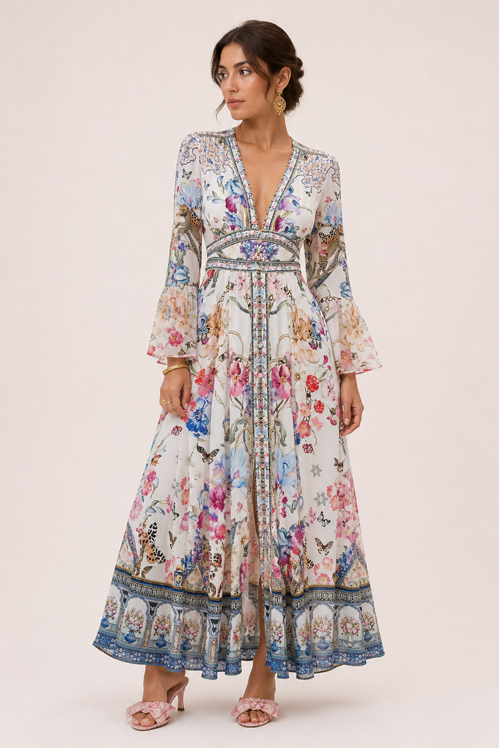 Flatterende hoge taille midi-jurk met elegante V-hals en modieuze pofmouwen voor dames.